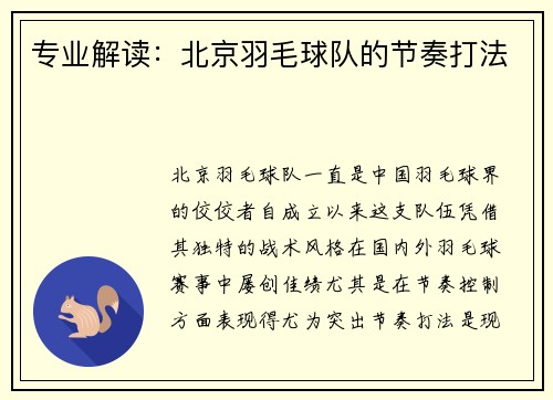 专业解读：北京羽毛球队的节奏打法