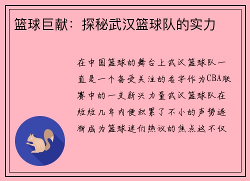 篮球巨献：探秘武汉篮球队的实力