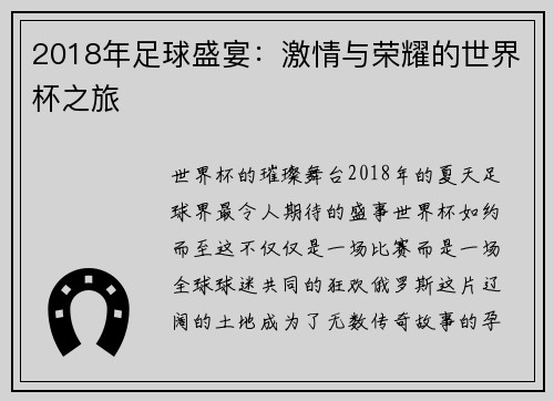 2018年足球盛宴：激情与荣耀的世界杯之旅