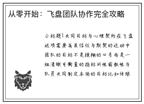 从零开始：飞盘团队协作完全攻略
