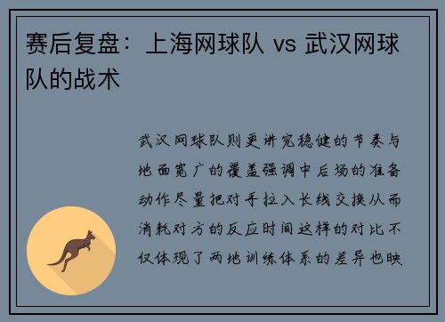 赛后复盘：上海网球队 vs 武汉网球队的战术